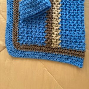Cozy Blue and Brown Crochet Baby Blanket and Hat Set